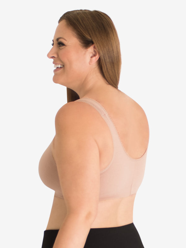 Back view of cotton front-closure wirefree comfort bra in warm taupe
