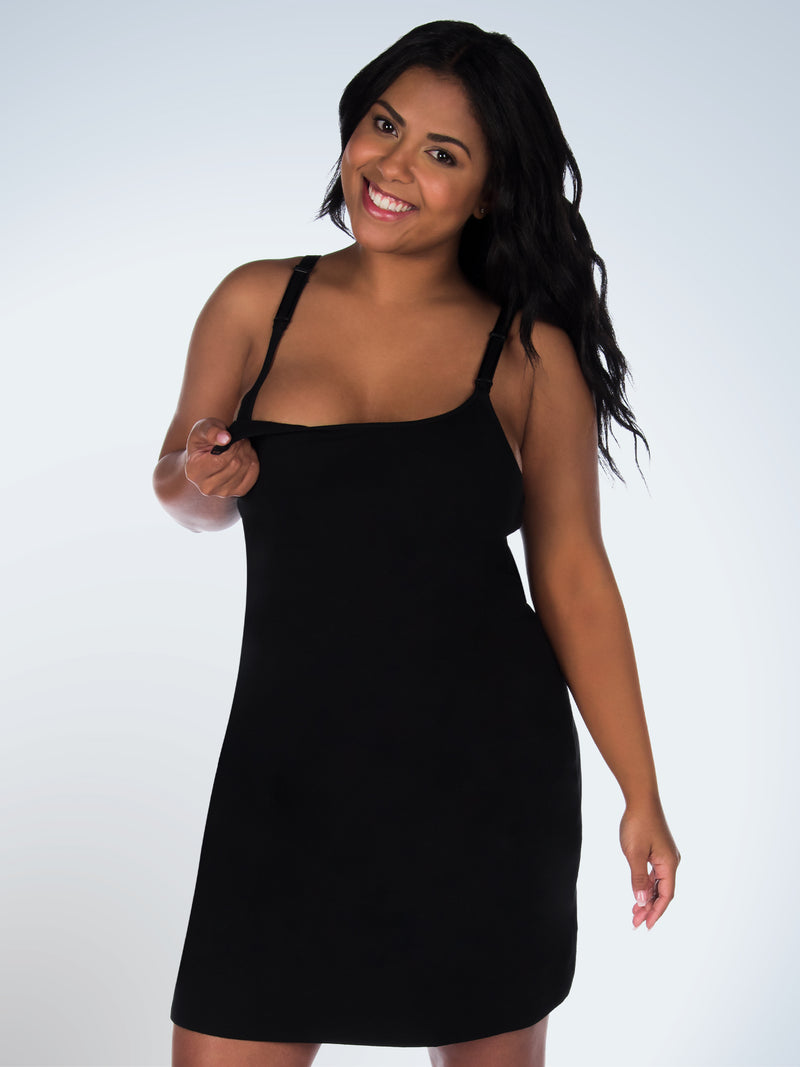 Back view of maternity and nursing tank dress in black
