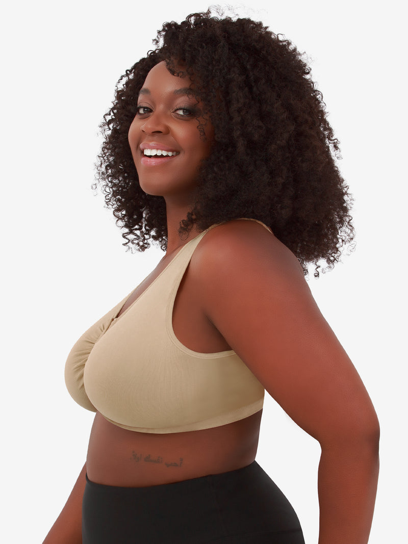 Side view of front-closure seamless comfort bra in salt beige