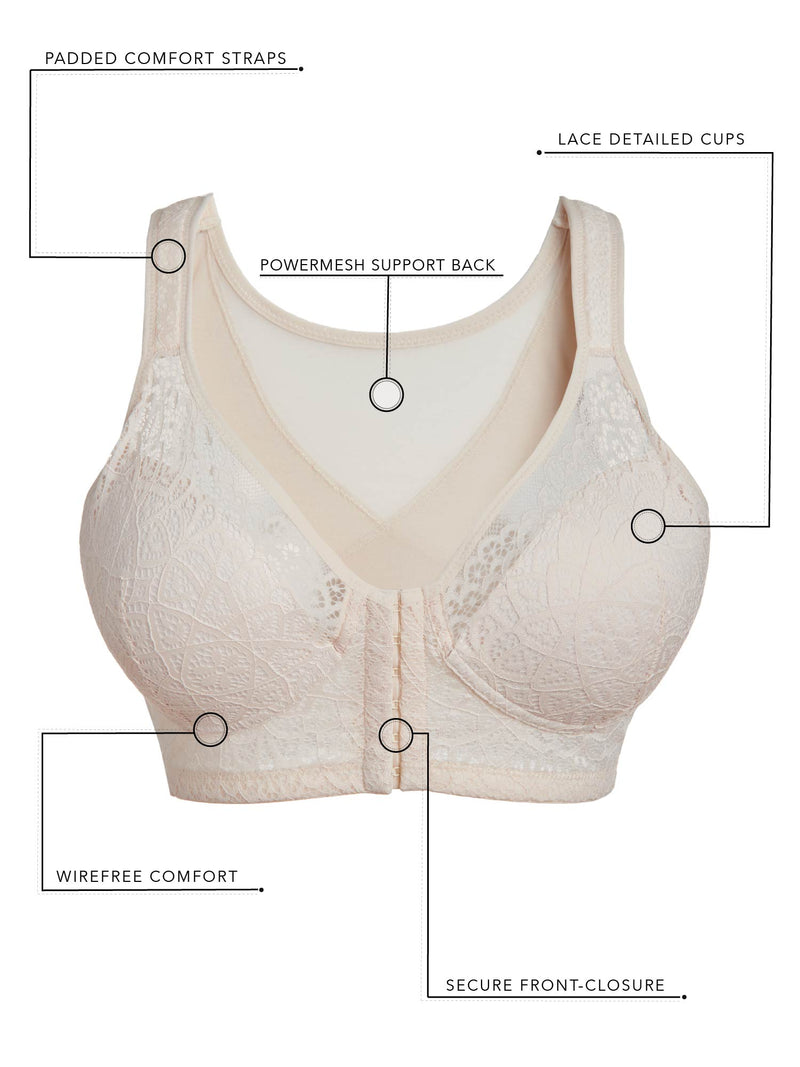 The Nora - Shimmer Support Back Lace Front-Closure Bra - Whisper Nude,38B