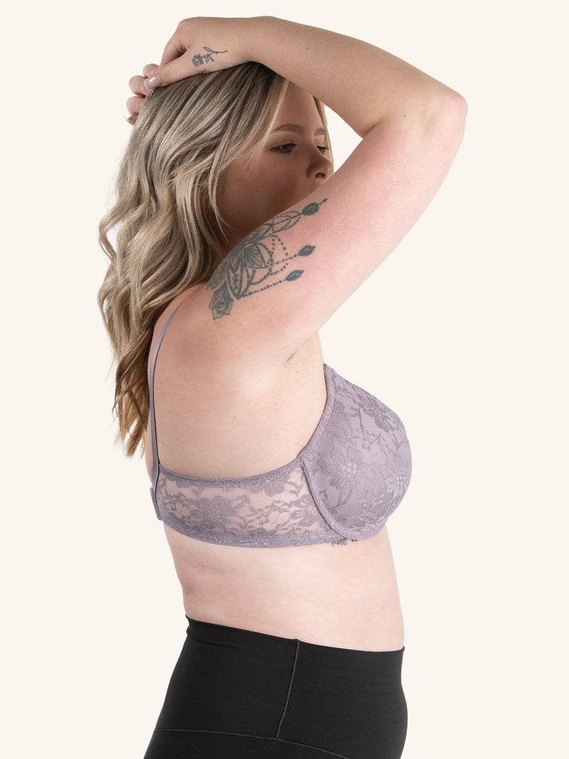 Side view of underwire lace nursing bra in baked blush toned quail