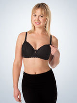 Front view of lace underwire nursing bra in black
