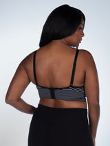 Back view of cotton seamless athleisure sports nursing bra in jet black with grey stripe