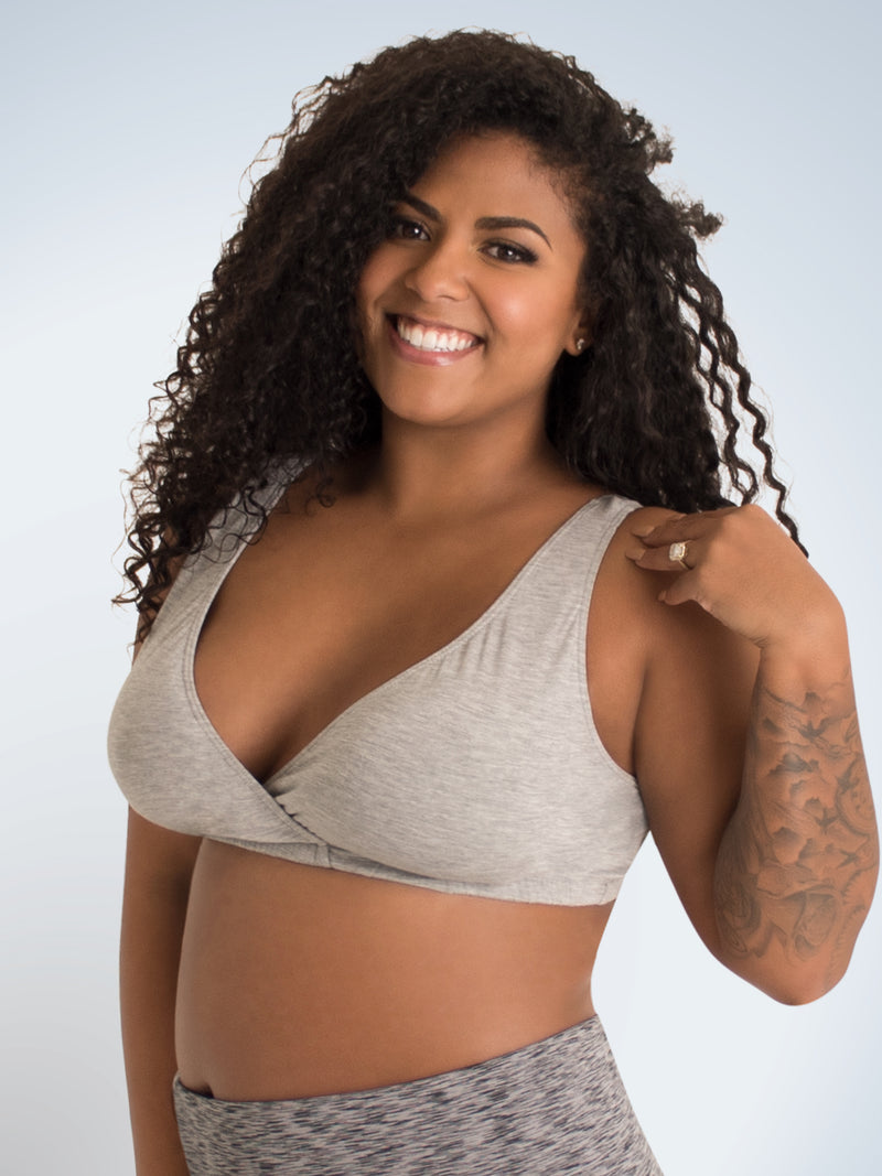 Side view of crossover sleep bra in heather grey