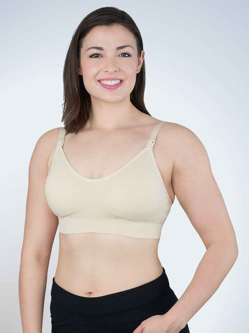 Front view of loving moments wirefree nursing bra in naturally nude