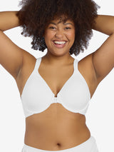 Front view of front-closure racerback t-shirt bra in white