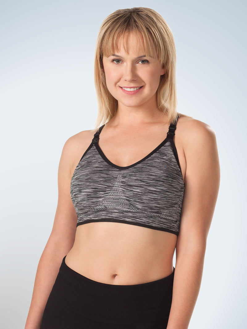 Back view of loving moments seamless racerback sports nursing bra in jet black with heather grey space dye