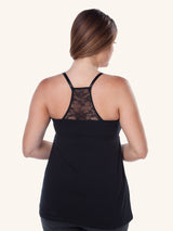 Close up detail view of lace back maternity and nursing tank in black