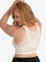 Back view of shimmer support back front-closure lace bra in white
