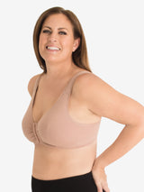 Side view of cotton front-closure wirefree comfort bra in warm taupe