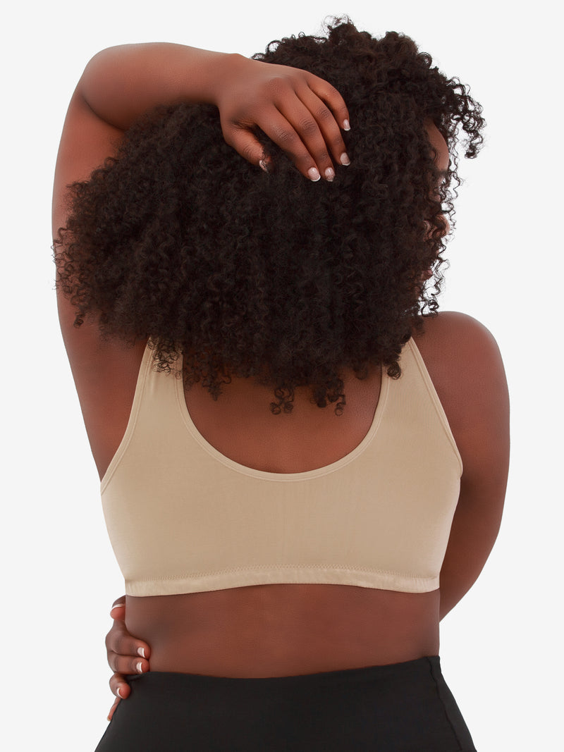 Back view of front-closure seamless comfort bra in salt beige