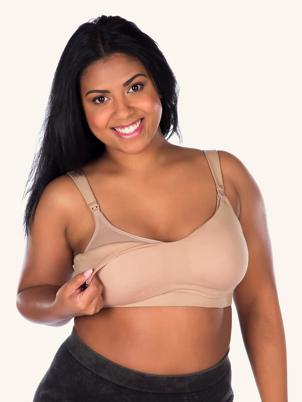 Front view of cotton sport wirefree nursing bra in warm taupe
