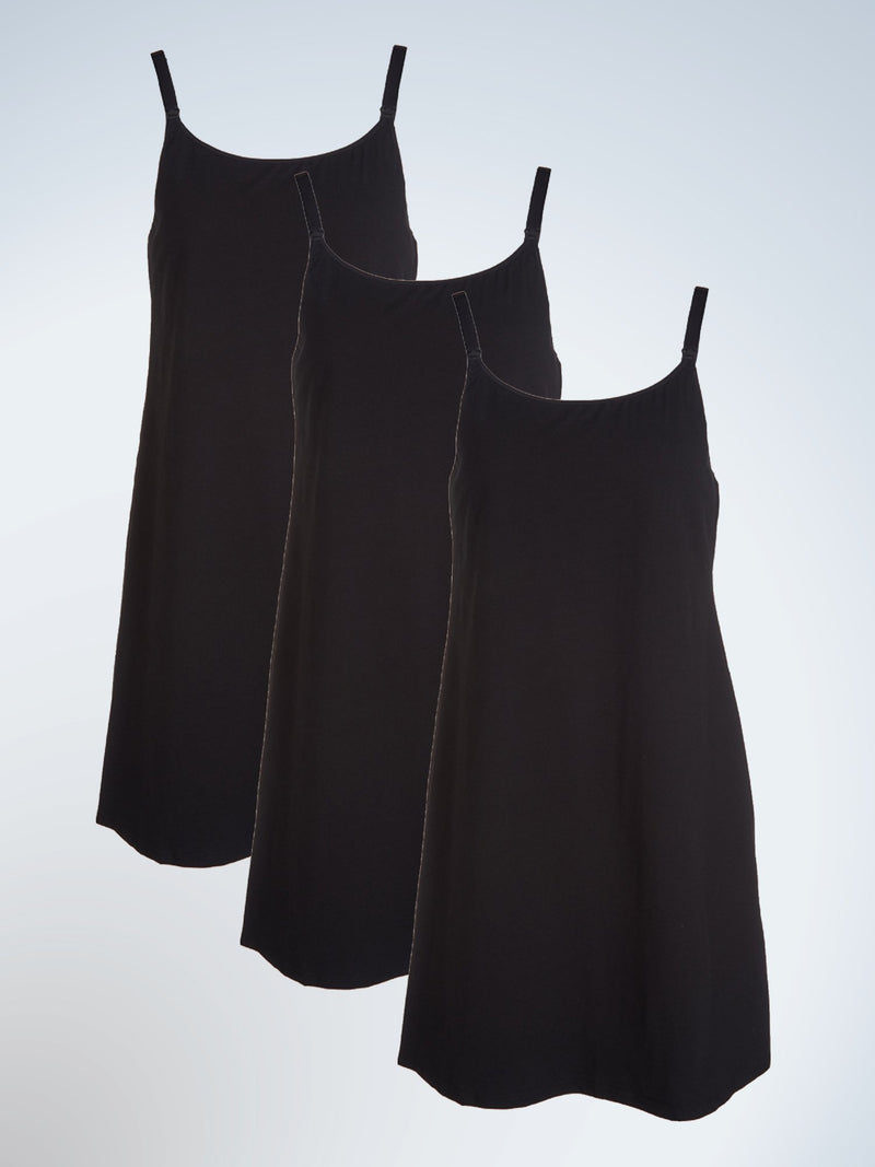 Front view of three pack maternity and nursing tank dress in black