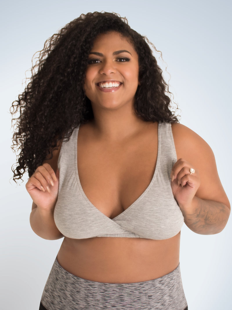 Front view of crossover sleep bra in heather grey