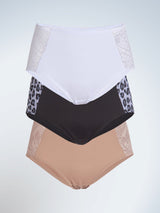 Front view of three pack luxe body panty briefs in white grey leopard and warm taupe
