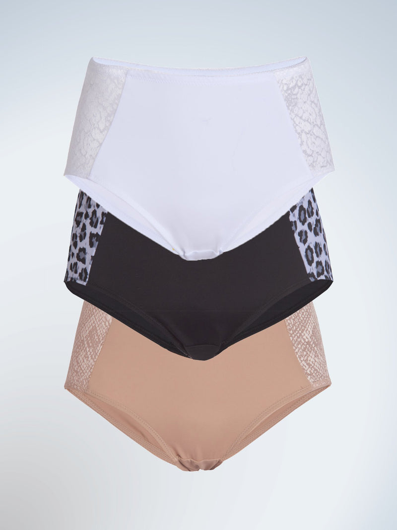 Front view of three pack luxe body panty briefs in white grey leopard and warm taupe