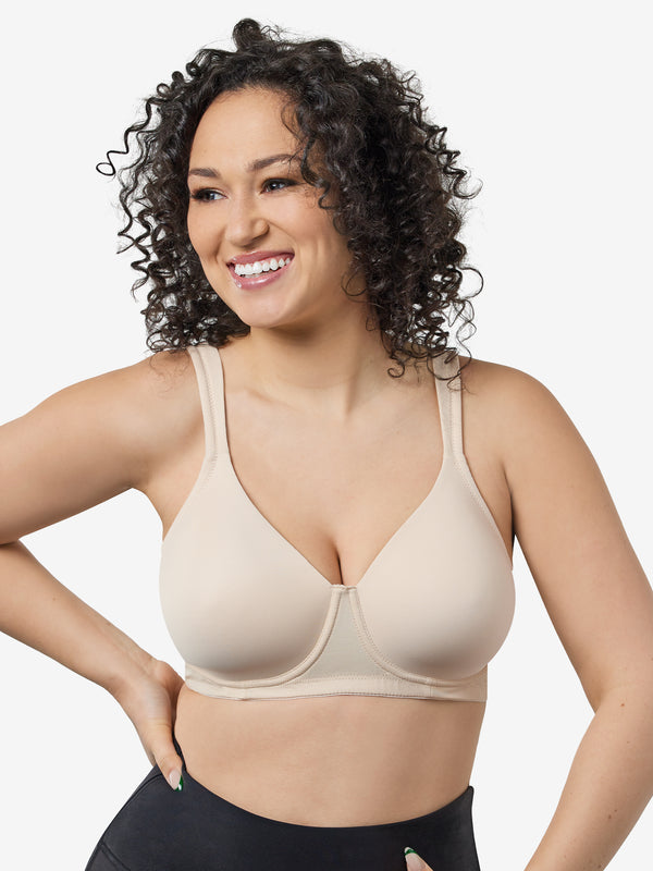 Front view of full coverage underwire padded bra in nude