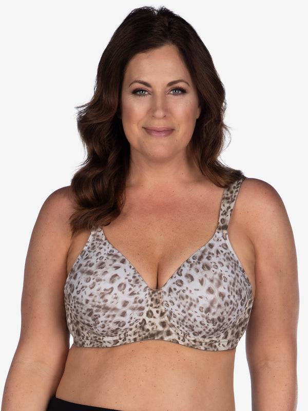 Front view of full coverage wirefree padded bra in water color leopard