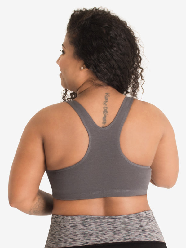 Back view of cotton wirefree sports bra in gray shadow
