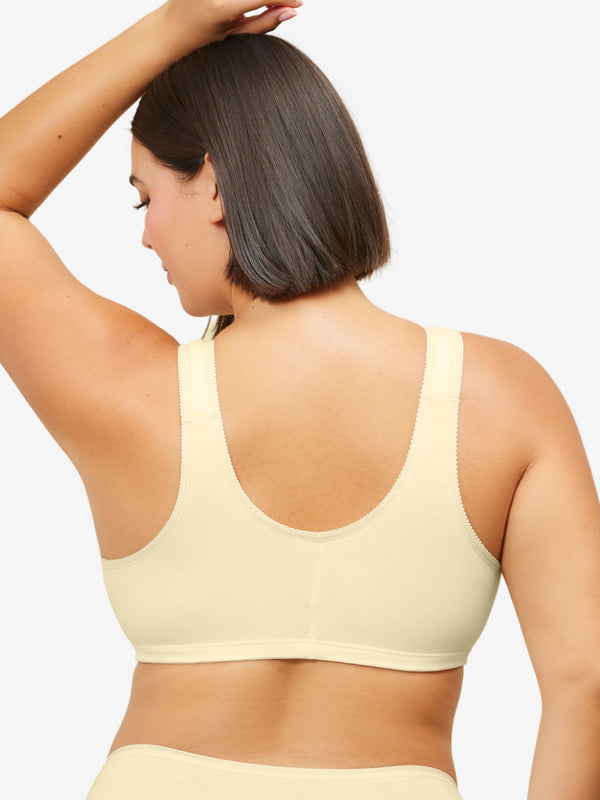 Back view of cotton front-closure wirefree comfort bra in ecru