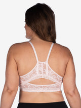 Front view of lace wirefree front-closure bralette in pearl pink