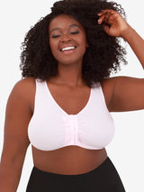 Front view of front-closure seamless comfort bra in pink crush