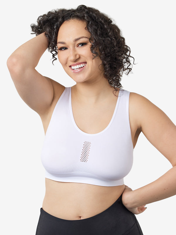 Front view of cooling everyday sports bra in white