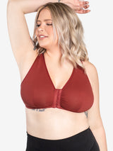 Front view of cotton front-closure wirefree comfort bra in spiced apple