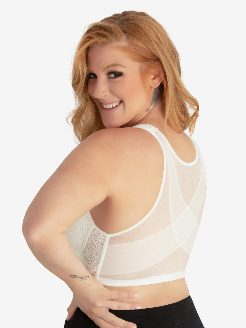 Side view of shimmer support back front-closure lace bra in white
