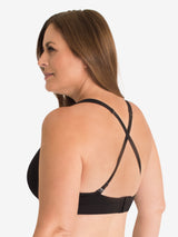 Back view of seamless medium impact sports bra in jet black