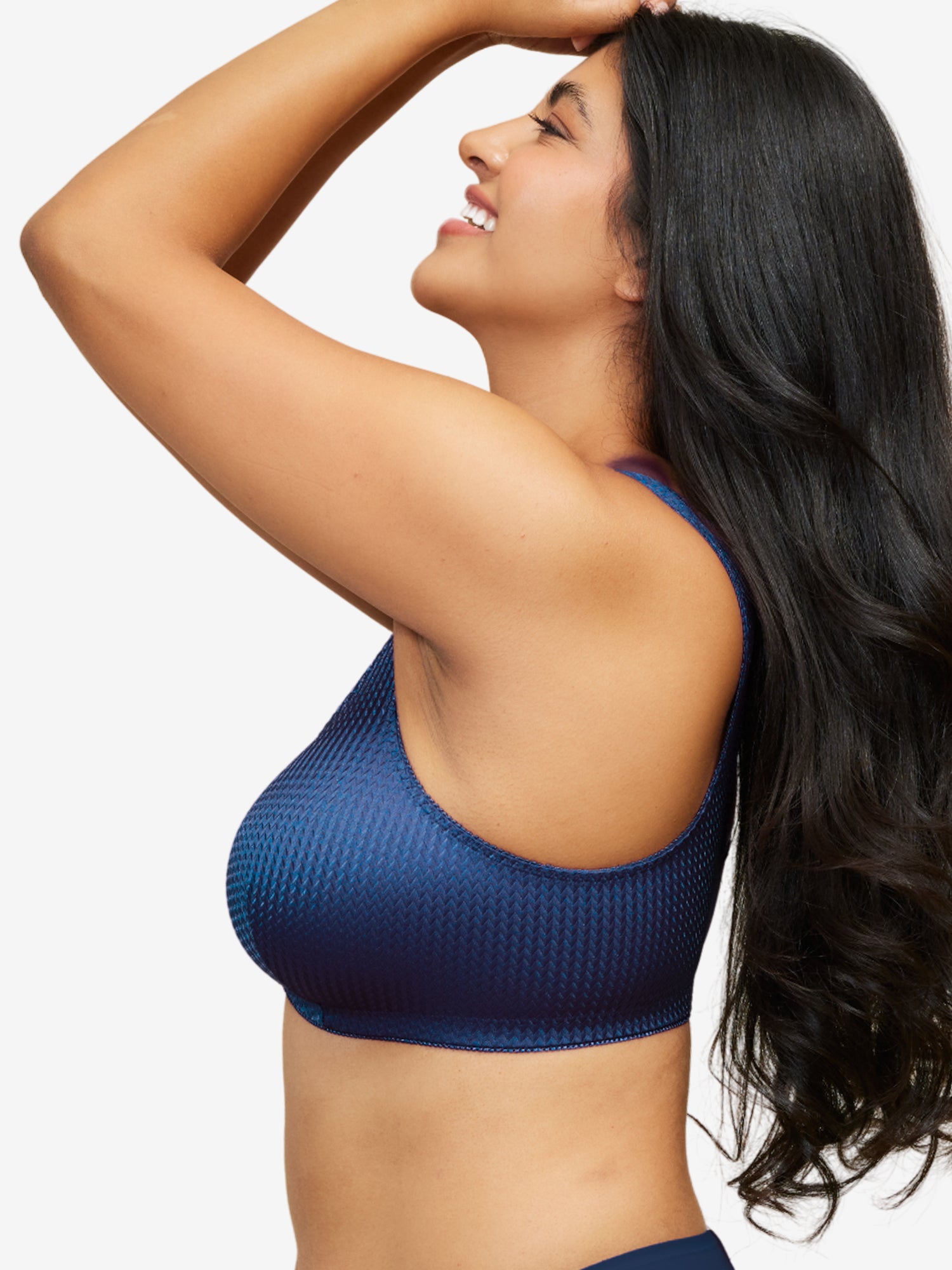 Side view of zig-zag weave front-closure comfort bra in sapphire