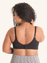 Front view of seamless wirefree nursing bra in black