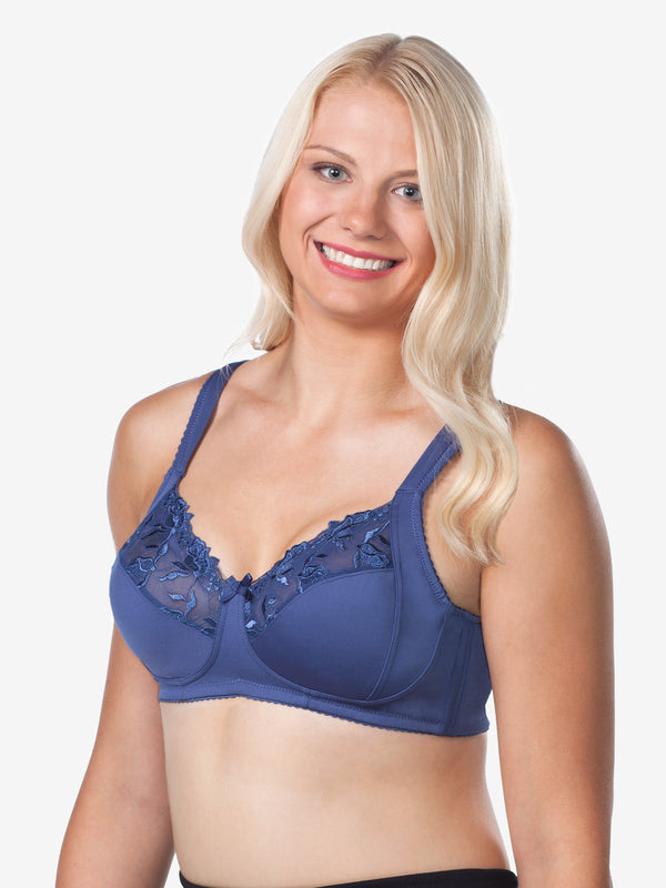 Front view of lace half-cup wirefree bra in royal navy