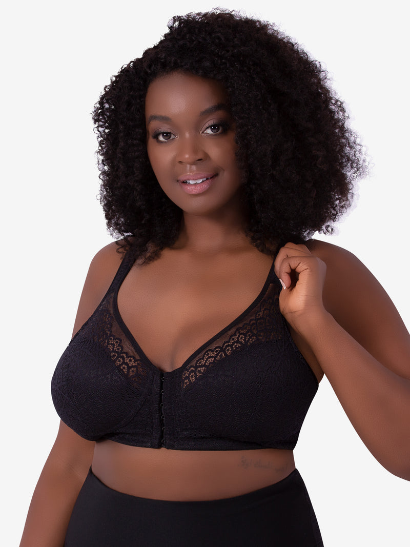 Front view of back smoothing front-closure lace bra in black