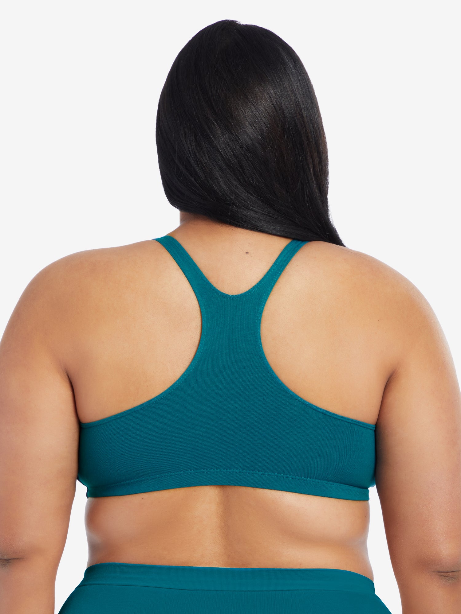 Back view of cotton wirefree sports bra in blue teal
