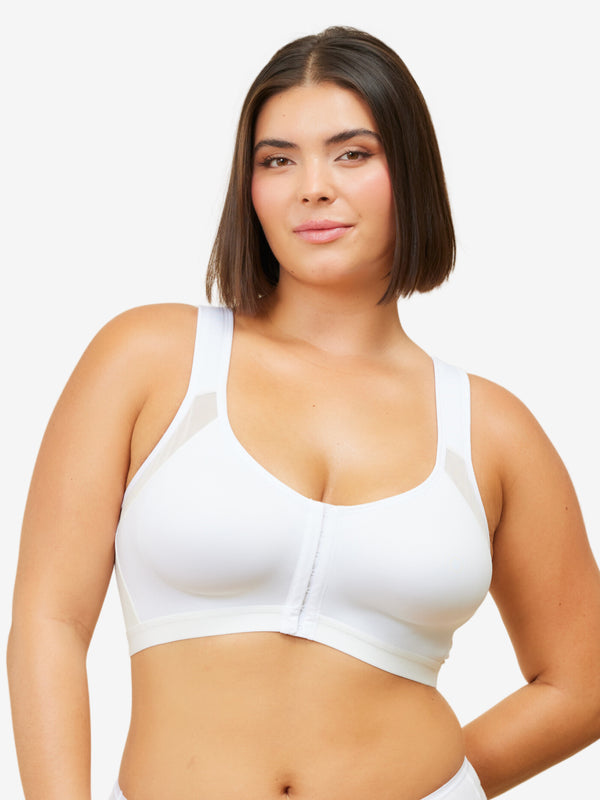 Front view of posture support smoothing front-closure bra in white