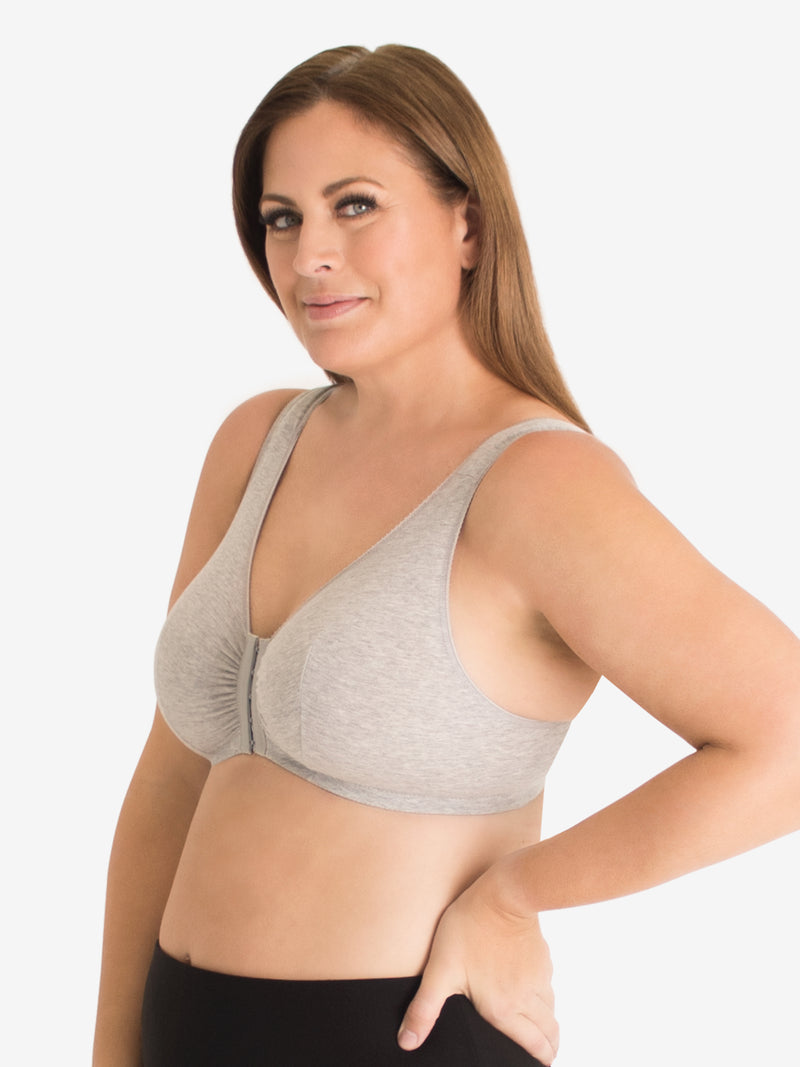 Side view of cotton front-closure wirefree comfort bra in heather grey