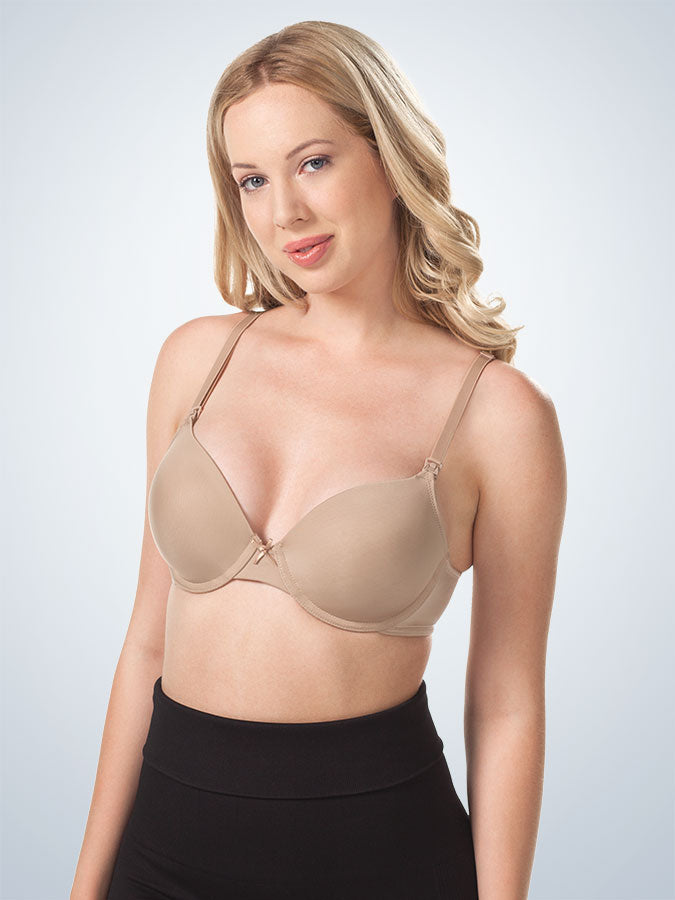 Front view of underwire maternity to nursing bra in warm taupe