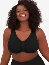 Front view of front-closure seamless comfort bra in black onyx