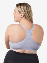 Back view of cotton wirefree sports bra in heather grey
