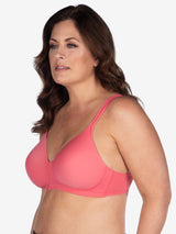 Side view of full coverage underwire padded bra in sun kissed coral