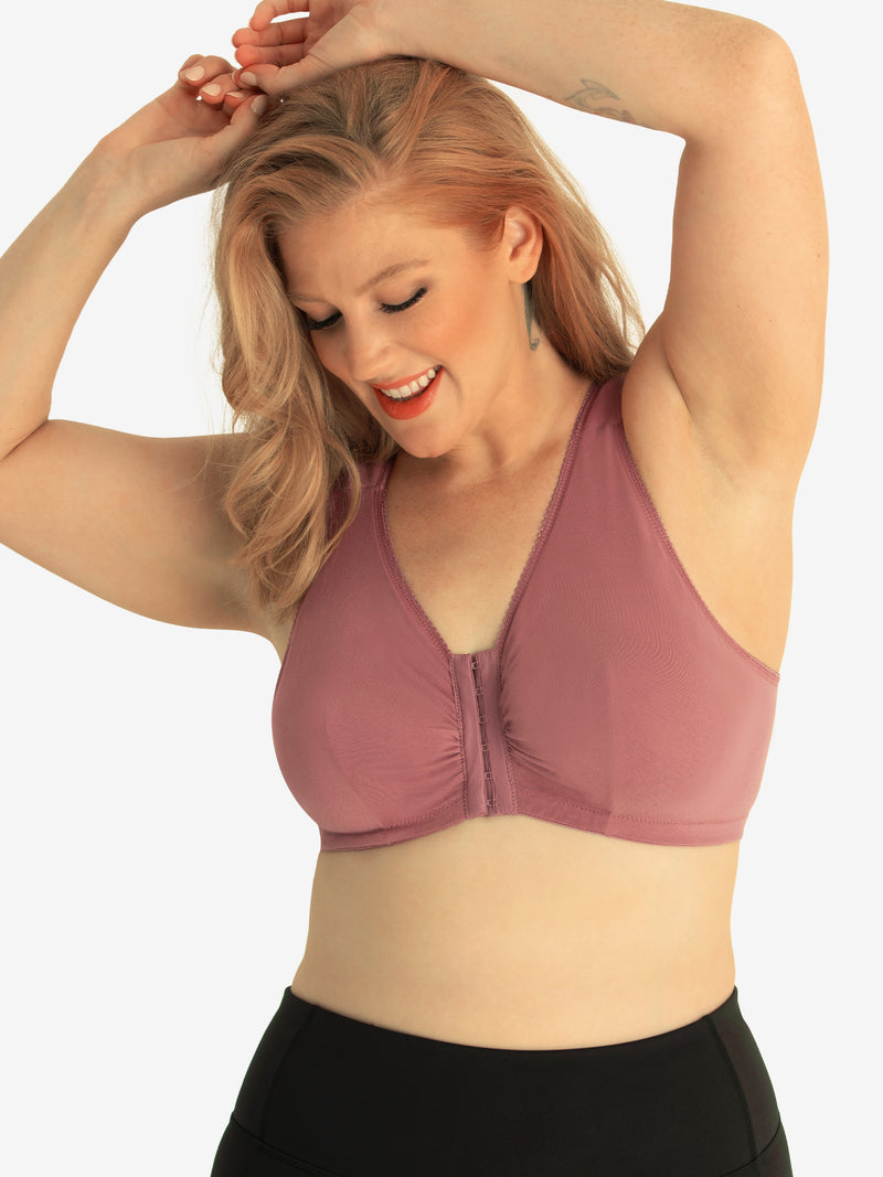 Front view of cotton front-closure wirefree comfort bra in wistful mauve
