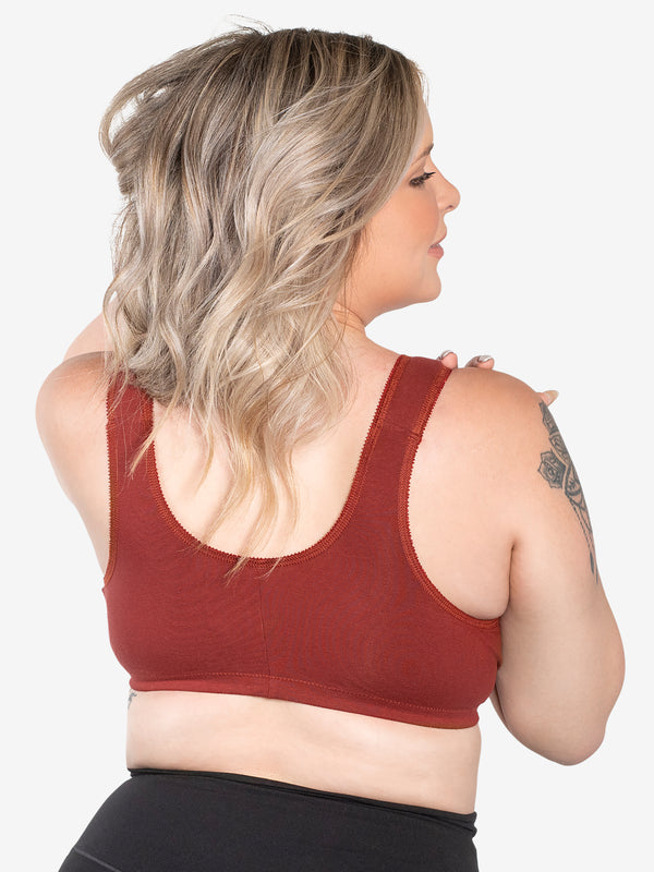 Back view of cotton front-closure wirefree comfort bra in spiced apple