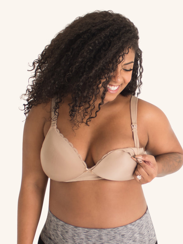 Front view of wirefree nursing and hands free pump bra in warm taupe