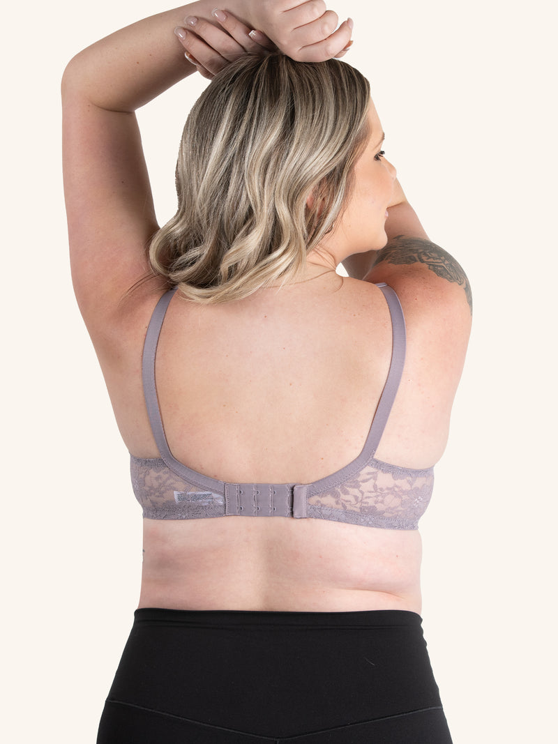 Back view of underwire lace nursing bra in baked blush toned quail