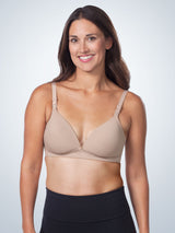Front view of wireless maternity to nursing bra in warm taupe