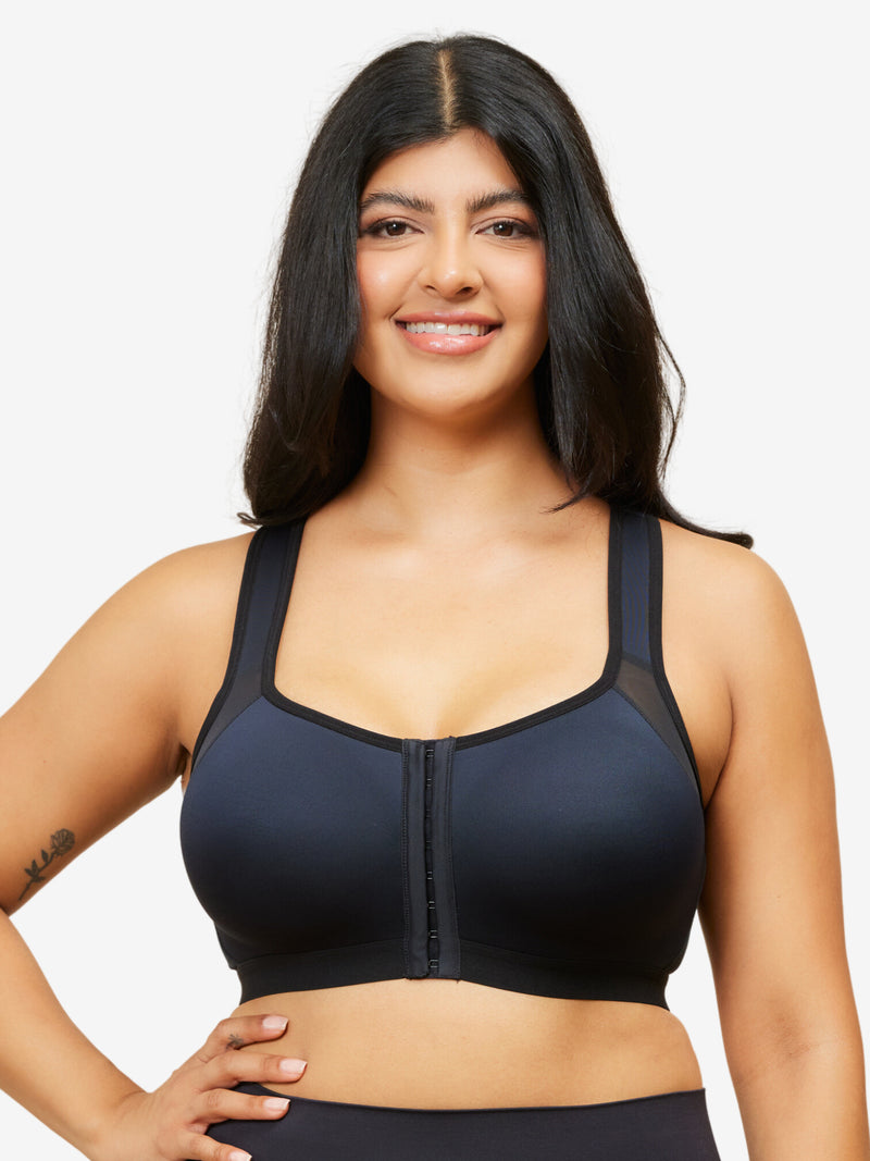 Front view of posture support smoothing front-closure bra in black