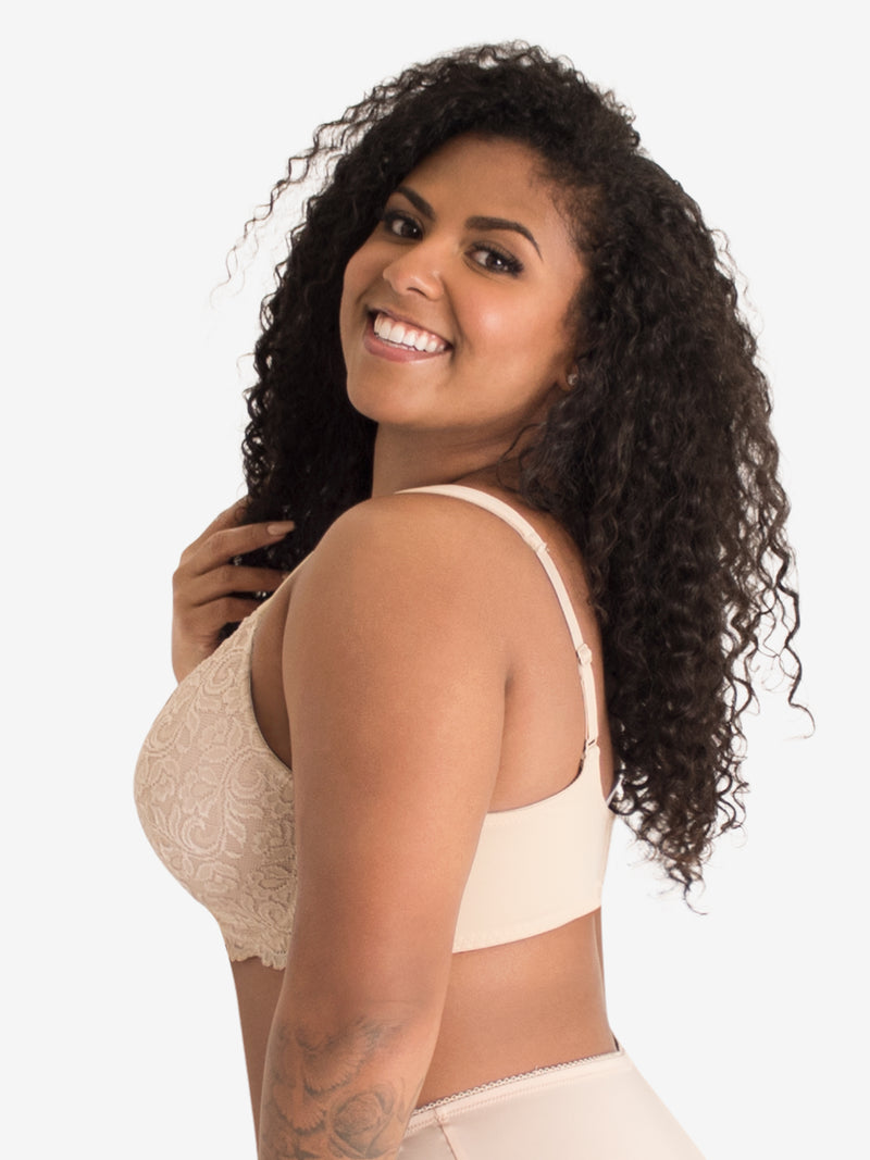 Side view of scalloped lace underwire bra in nude