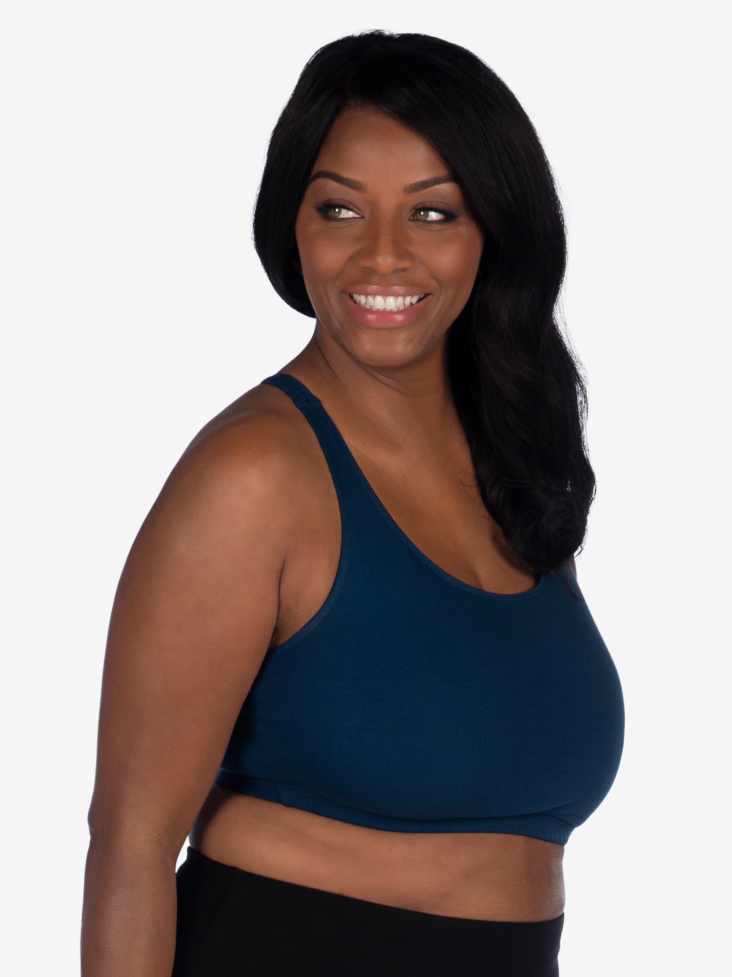 Side view of cotton wirefree sports bra in navy