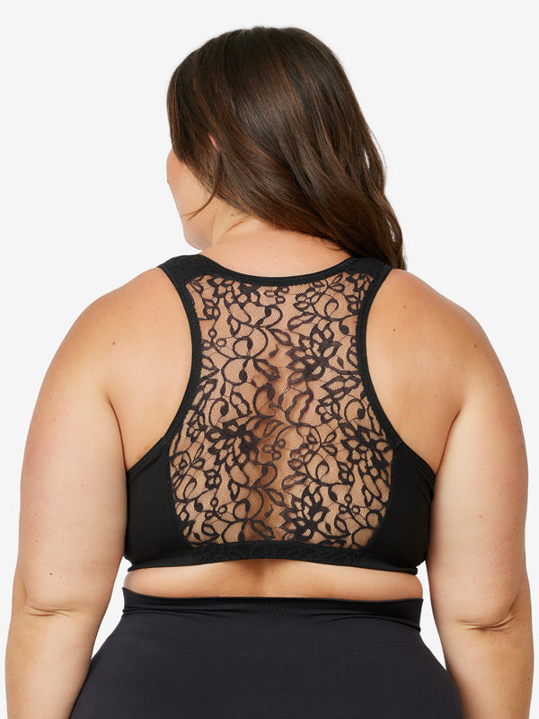 Back view of cotton front-closure lace racerback bra in black